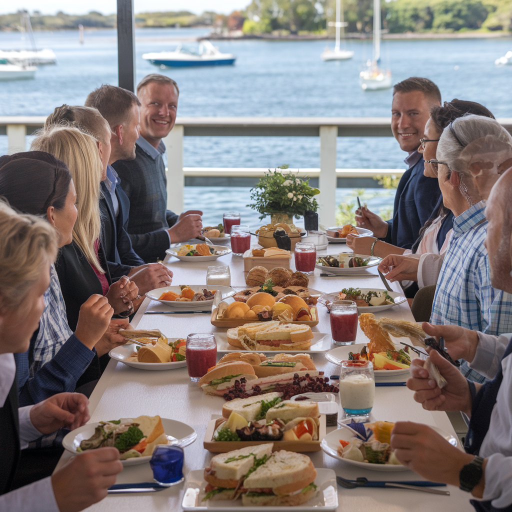 Work colleagues at a Christmas lunch near the water.