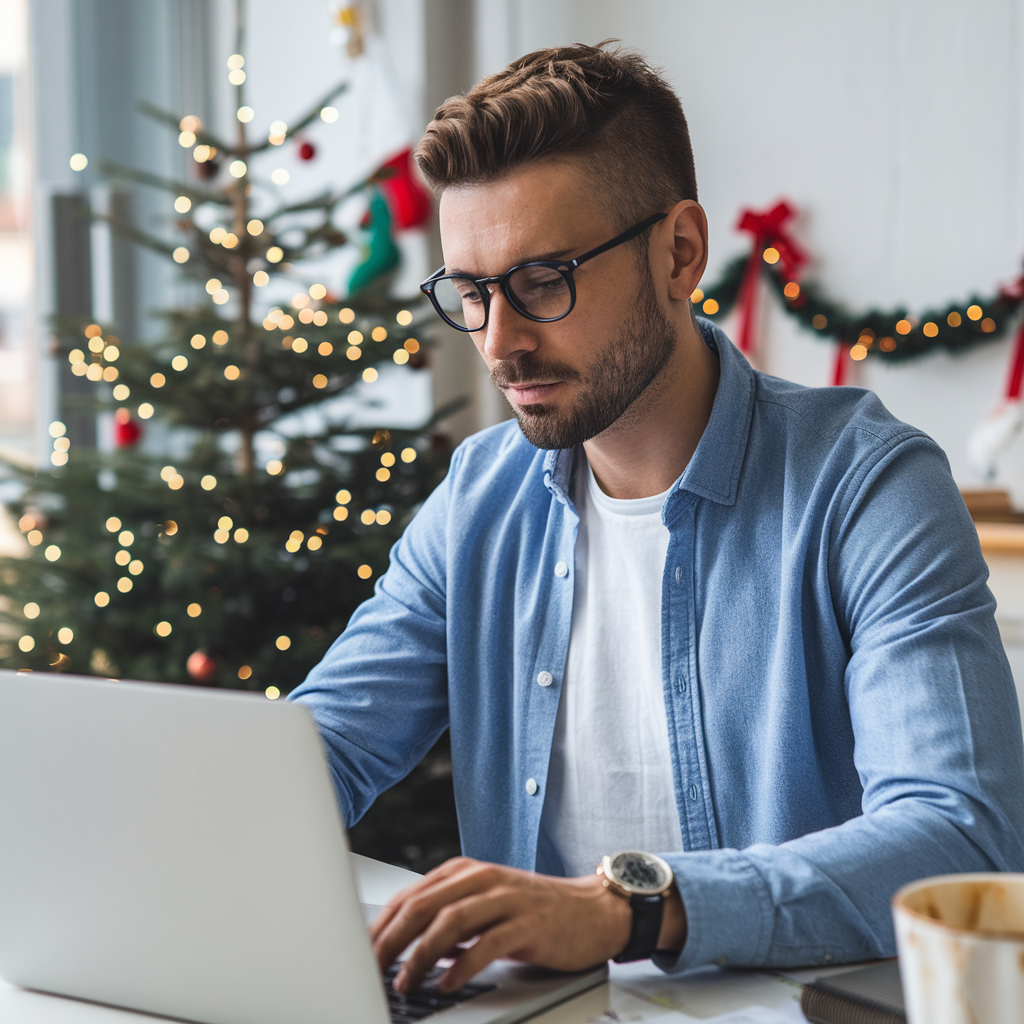 A man looks at his laptop to find a job with Christmas decorations in the background. 