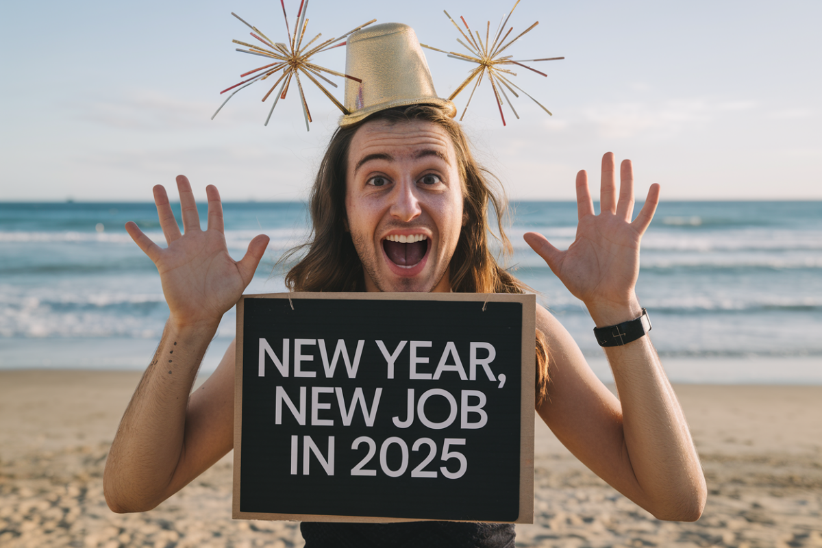 Man with a sign that says "new year, new job in 2025," on a beach in Sydney, Australia.