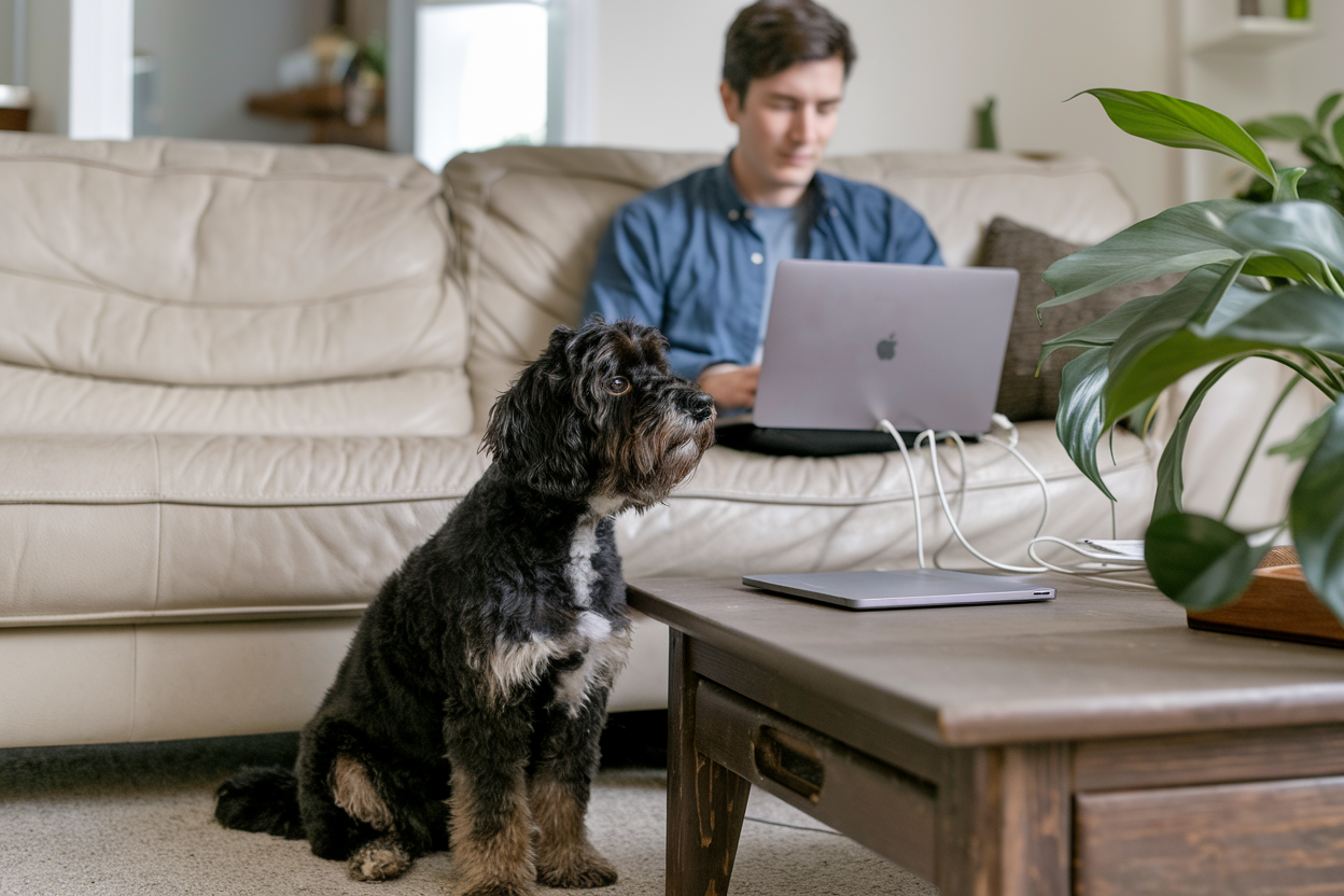 A man works on his laptop on the couch with his dog. 