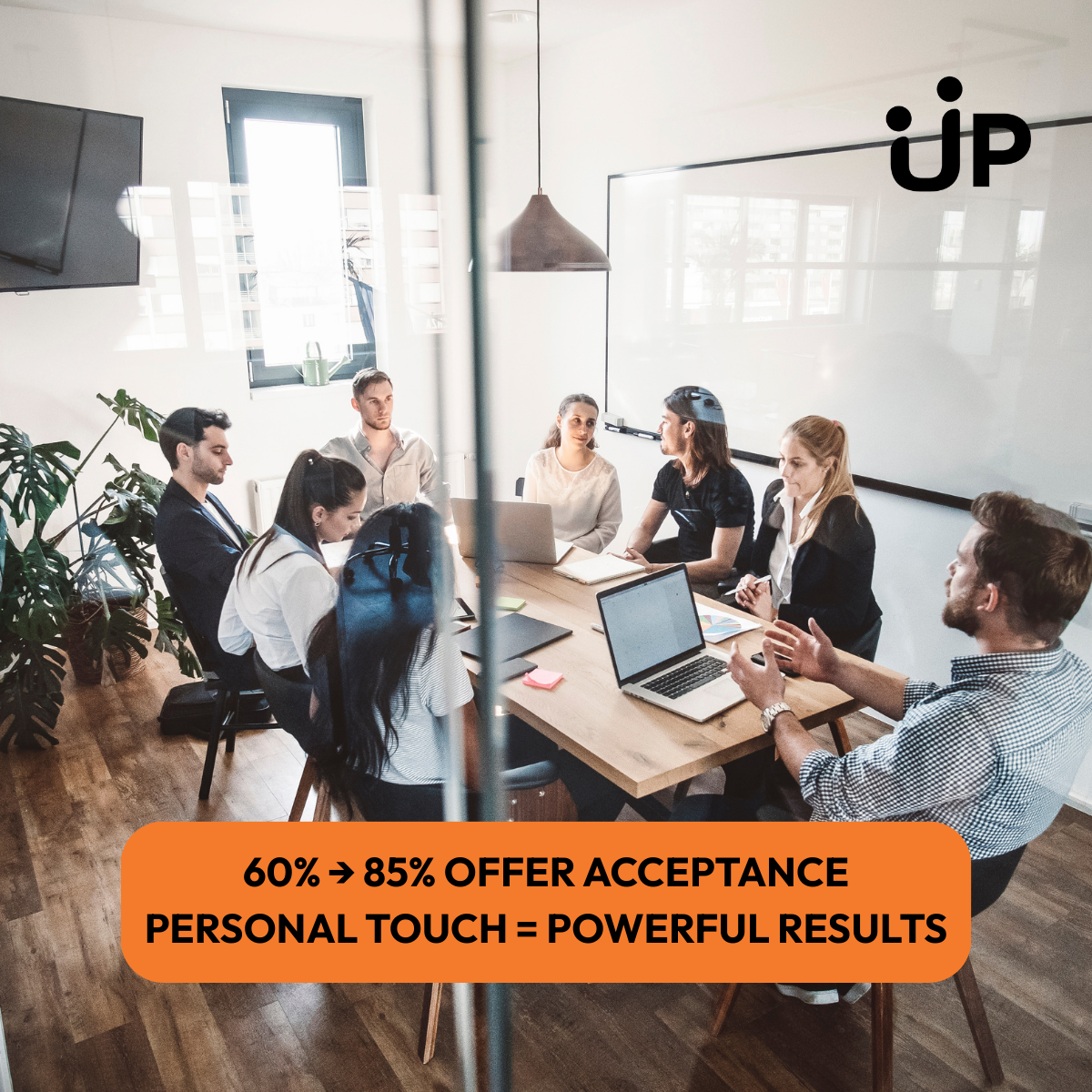 Professional team members recording personalised video messages for job candidates, with statistics overlay showing 60% to 85% offer acceptance rate improvement through personal touch in SME hiring